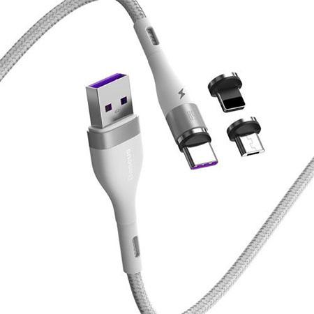 Baseus Kabel Magnetyczny 3w1 Ładowarka iPhone + Micro USB + Typ-C - Biały
