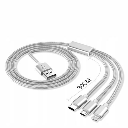 Kabel pleciony 3 w 1 - iPhone, Micro USB, Typ-C - Srebrny